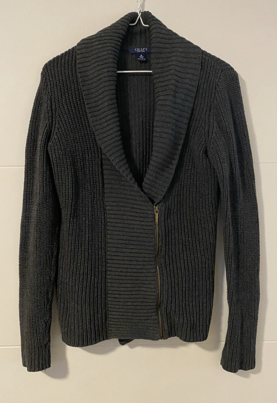 Chaps Womens Shawlneck Cardigan Sz Medium Gray Professor Academia Preppy Sweater